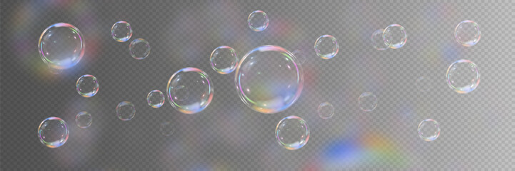 Realistic collection of soap bubbles. Blur effect. Vector. On a transparent background.