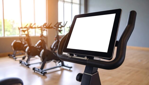 Indoor cycling bike with blank screen in a bright gym setting, ready for workout instructions