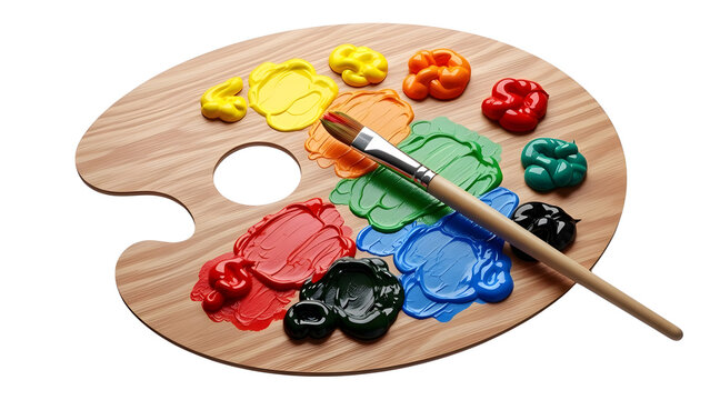 Artist's palette with colorful oil paints and paintbrush for painting and creative art projects studio on transparent background