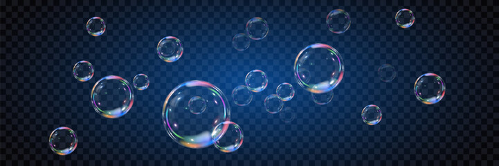 Soap bubbles, on a transparent background. The effect of falling and flying bubbles. The effect of glass bubbles. Vector EPS 10.