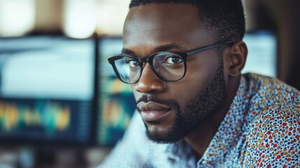 Obraz premium Young man focused on financial charts in a modern office setting