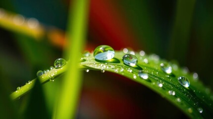 Water droplets cling to a vibrant green blade refracting light