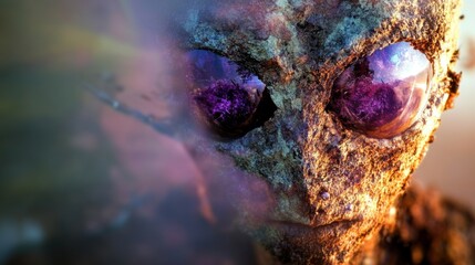 Strange alien creature emerges from a rocky landscape during twilight