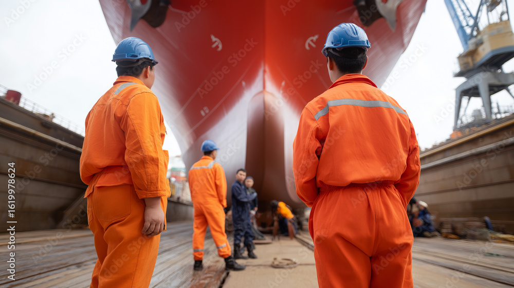 Poster ship in drydock with workers inspecting propeller and rudders