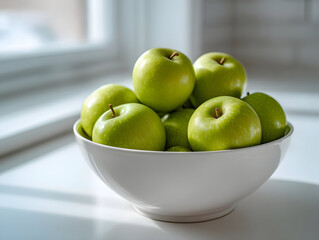 Bowl filled with fresh green apples placed near sunny window in a cozy kitchen setting