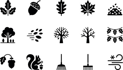 Autumn Icon Set:  Black Glyph Style, Fall Foliage, Seasonal Graphics