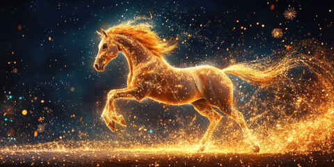 Graceful horse leaping in front of glowing of fireworks in a festive New Year night sky, surrounded by magical sparkle, light, and celebratory atmosphere. Copy space