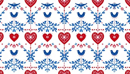 Charming Red and Blue Heart Pattern with Birds mexican pattern