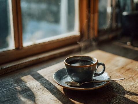 Warm cup of coffee sits on wooden table near window with sunlight streaming in during morning hours