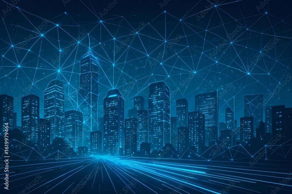 Poster futuristic glowing network cityscape with data connections and skyline view