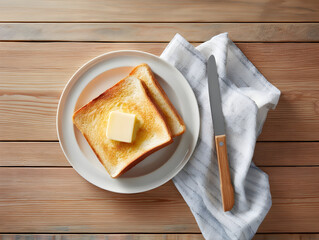 Toasted bread slices with butter served on a plate atop a wooden table during breakfast