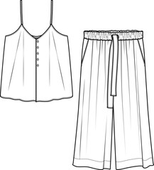 Pants and Sleeveless Top Fashion Flat Sketch, Two Piece Summer Outfit Vector