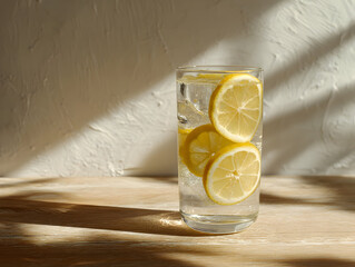 Refreshing glass of lemonade with lemon slices on wooden table, sunlight casting shadows in a cozy indoor setting