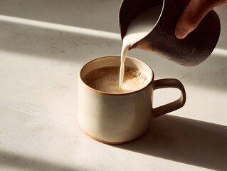 Homemade coffee being brewed in the morning sunlight with a creamy milk pour in a rustic cup