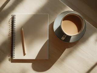 Morning coffee and a blank notebook on a wooden table inviting inspiration and creativity during a quiet moment