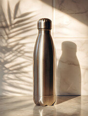 Modern stainless steel water bottle casting a shadow on a marble surface with soft warm lighting