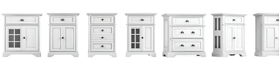 Fototapeta premium Multiple white painted wooden cabinets with drawers and doors