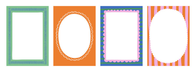 A trendy collection of vector frames and backgrounds with hand-drawn borders, abstract wavy lines retro-inspired patterns. Frames in playful colors. For invitations, posters, social media templates