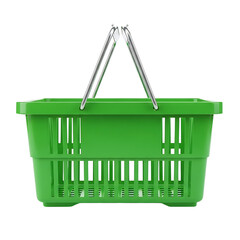 Isolated green plastic shopping basket with metal handles a versatile grocery and retail essential for shopping convenience promoting efficiency and sustainability