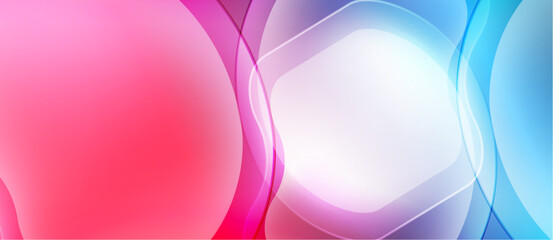 Abstract background features flowing shapes, vibrant colors. Pink, blue, purple hues blend seamlessly creating dynamic visual effect.