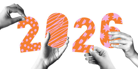  Halftone collage with cut out hands and numbers 2026. Banner for new year. Grungy punk aesthetic perfect for zines, posters, DIY flyers, tattoo, graphics, cards, stickers