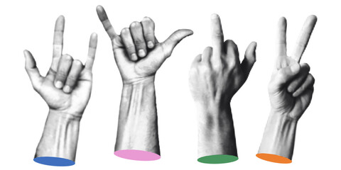 Halftone hand gesture set, featuring expressive fingers in punk, rock, peace, and shaka poses. Collage clipart with a gritty, bold aesthetic perfect for zines, posters, streetwear designs, stickers