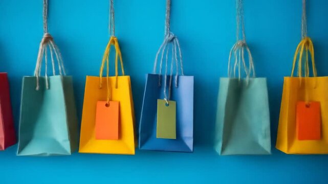 Colorful shopping bags hang against a blue background