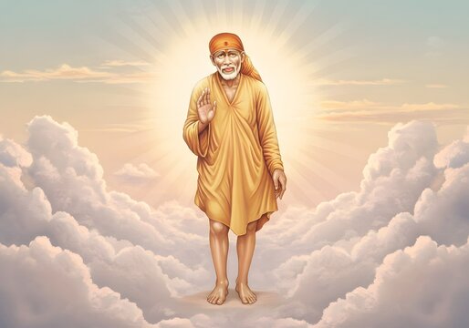 Sai Baba of Shirdi Portrait, Divine Figure, Spiritual Illustration, Clouds, Religious Art