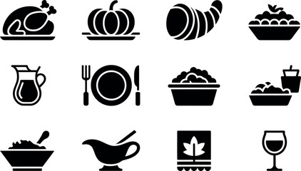 Thanksgiving Dinner:  Simple Black Glyph Icons, Festive Mood, Holiday Meal