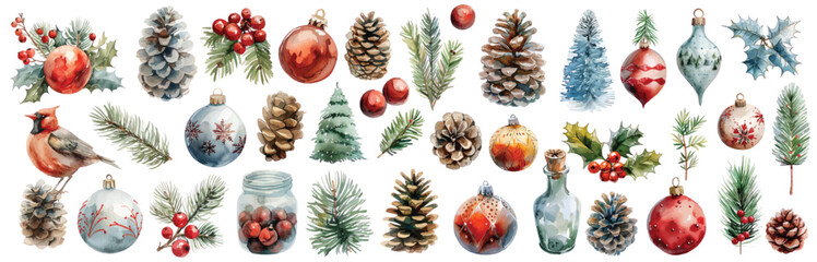Watercolor Christmas decor elements set with pine trees, branches, cones, toys, gifts hand drawn illustrations for winter holidays celebration cards clip art