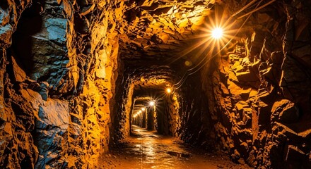 Explore the depths of a dimly lit mine shaft, illuminated by warm industrial lights, revealing rugged rock textures and a sense of adventure.