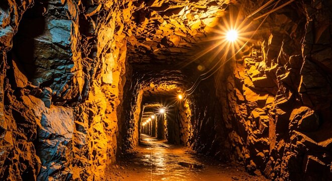 Explore the depths of a dimly lit mine shaft, illuminated by warm industrial lights, revealing rugged rock textures and a sense of adventure.