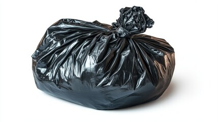 Tying up waste black garbage bag full and isolated on white background for effective waste management