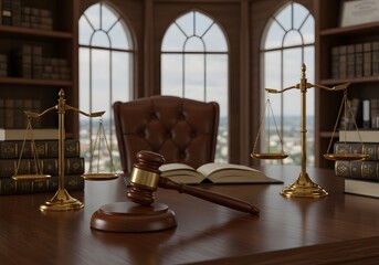 Law Office Interior Scales of Justice, Gavel, Books, Desk, Architecture, Legal Concept, Courtroom.