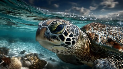 Snorkeler's eye-level view of sea turtle