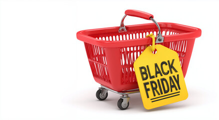 3D red shopping basket with yellow tag "black friday". 3d render on a pure white background, in the style of Clipart