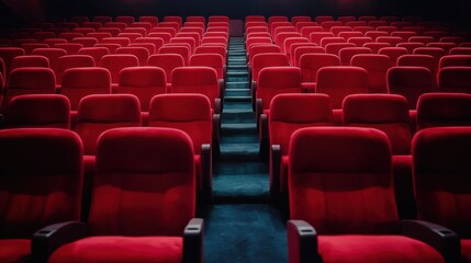 Fototapeta premium Empty red cinema seats in a movie theater interior shot theatrical environment perspective on vacant seating