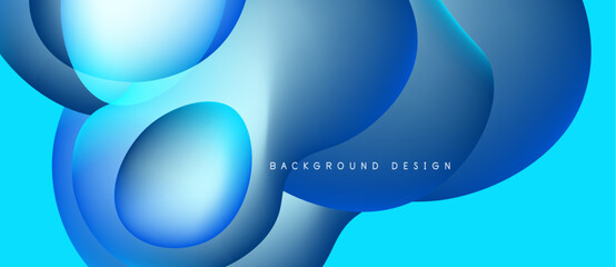 Abstract blue shapes overlap, creating fluid dynamic composition. Bright cyan background adds vibrancy, modern feel.