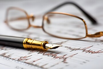 Fototapeta premium Glasses and fountain pen on financial chart.