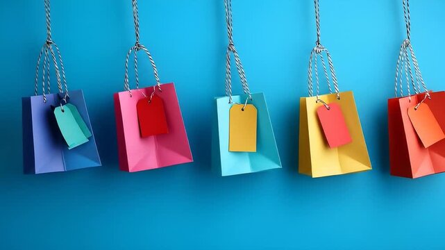 Five colorful shopping bags with tags hanging against a blue background