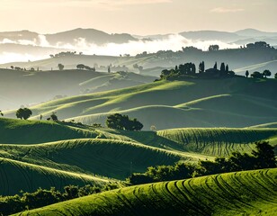 Misty rolling hills, vibrant green landscape