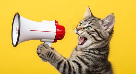 Adorable tabby kitten enthusiastically shouts into a megaphone, announcing exciting news with vibrant energy on a sunny yellow background