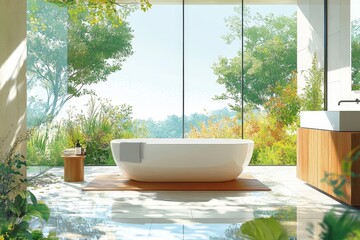 Illustration of a modern bathroom with large French windows, created with advanced technology to reflect contemporary design trends, Generative AI