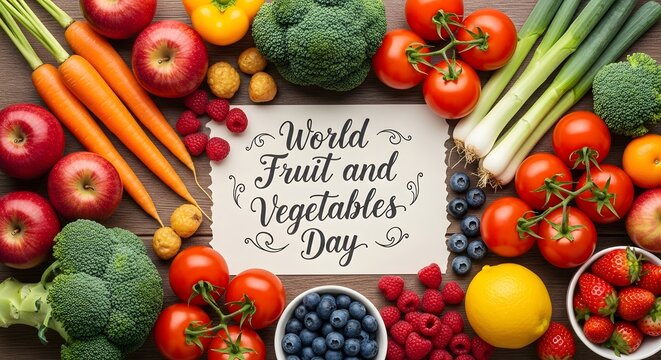 A vibrant assortment of fresh fruits and vegetables surrounds a celebratory message.