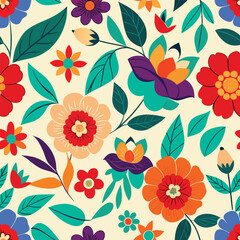 Colorful Floral Seamless Pattern With Teal And Retro Styled Elements