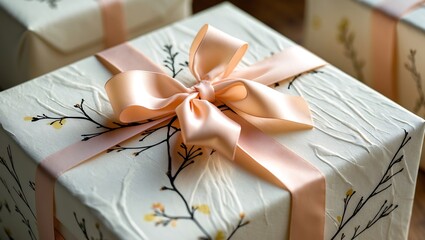 Beautifully wrapped gift box with delicate peach ribbon and floral accents