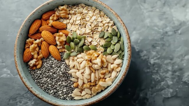 Overhead view of a bowl of assorted nuts and seeds