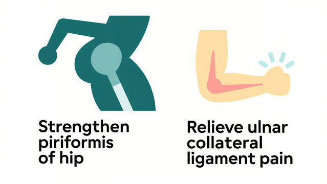 Hip and elbow icons represent strengthening the piriformis muscle in the buttocks and relieving ligament pain in the elbow, used in sports rehabilitation and physical therapy scenarios.