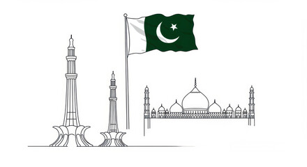 Pakistan Independence Day Artwork Featuring National Flag, Minar-e-Pakistan, and Badshahi Mosque &ndash; Celebrating Heritage and Sovereignty