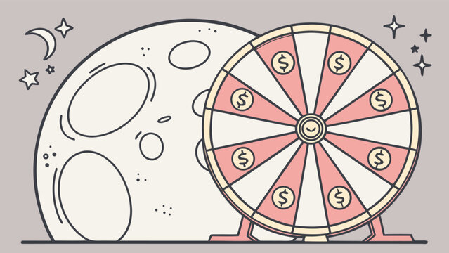 A whimsical illustration of a prize wheel with dollar signs on its segments set against a backdrop of a large stylized moon and twinkling stars